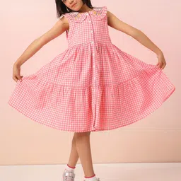 Sangria Gingham Checked & Embroidered Cotton Knee Length Dress-picture-51