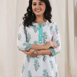 Rain and Rainbow Teal & White Cotton Floral Print A Line Kurti-image-0