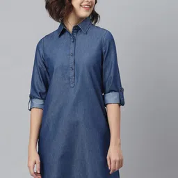 StyleStone Women Navy Blue Solid Cotton Denim Shirt Dress-picture-27