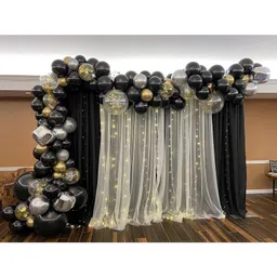 Surprise Decor 90 pcs Black Gold Silver Party Supplies with backdrop | Birthday Decorations for Girls Boys, Balloons, white Net Backdrop, Led light for Party Decoration (Black White gold) Size - 10ft X 5ft-image-7