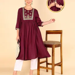 Zelena Three Fourth Sleeves Floral Embroidered Maternity Kurta  With Concealed Zipper Nursing Access - Maroon-image-7