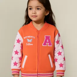 Babyhug Cotton Knit Full Sleeves Drop Shoulder Bomber Jacket with Star Print & Embroidery - White & Orange-picture-27