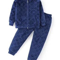 Babyhug Velour Woven Full Sleeves Front Zipper Winter Wear Co-Ord Set With Kangaroo Pockets & Hearts Print - Navy-picture-16