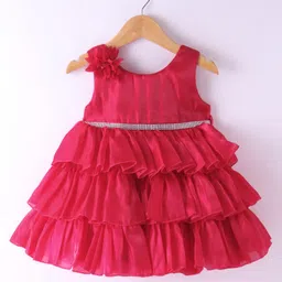 Babyhug Woven Sleeveless Layered Party Dress with Floral & Rhinestones Waist Belt Applique - Red-picture-17