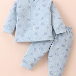 Zero Fleece Knit Full Sleeves Front Open Winter Wear Set withRocket Print - Light Blue-picture-45