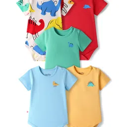 Bonfino 100% Cotton Knit Half Sleeves Onesies with Dino Print Pack Of 5 - Multicolor-image-26