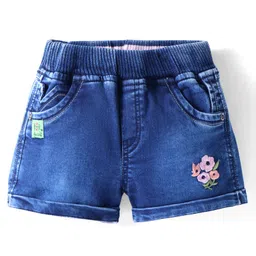 Olio Kids Knit Above Knee Length Denim Shorts with Floral Embroidery & Ribbed Waist - Navy Blue-picture-34