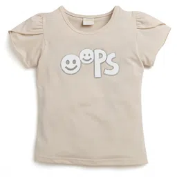 Tiny Girl Cotton Half Sleeve Oops Text Printed & Stone Embellished Top - Khaki-image-75