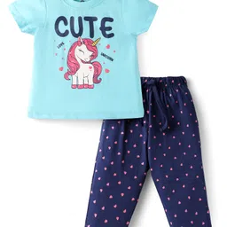 Doodle Poodle 100% Cotton Knit Half Sleeves Night Suit With Unicorn & Heart Print - Light & Navy Blue-picture-20