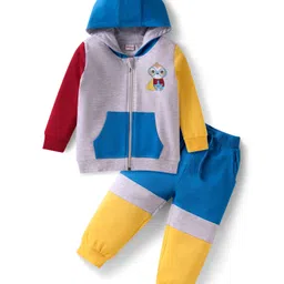 Babyhug Terry Knit Full Sleeves Cut & Sew Hooded T-Shirt & Lounge Pant Set with Animal Print - Blue Yellow & Grey-picture-27