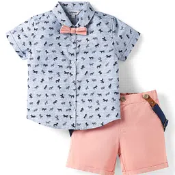 ToffyHouse Poplin Woven Half Sleeves Horse Printed Shirt & Shorts Set with Bow & Suspender - Light Blue & Peach-picture-22