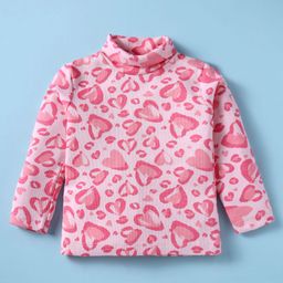 CUCUMBER Cotton Knit Full Sleeves Turtle Neck T-Shirt with Heart Print - Pink-picture-15