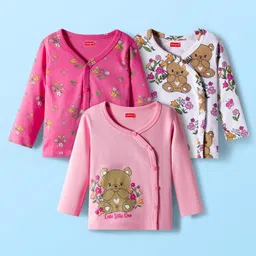 Babyhug 100% Cotton Interlock Knit Full Sleeves Jhablas With Floral & Animal Print Pack Of 3 - Pink & White-picture-22