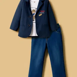 ToffyHouse Cotton Knit Bear Printed Party T-Shirt & Jeans Set with Jacket - Navy Blue-picture-23