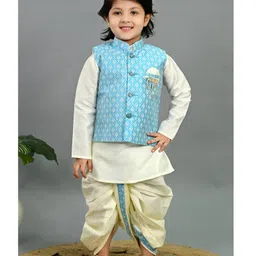 BT DEZINES Cotton Silk Woven Full Sleeves Geometric Motifs Embroidered Kurta Dhoti Set With Jacket - Sky Blue & White-picture-18