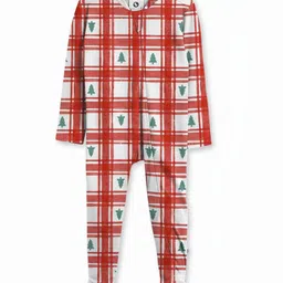Cocoon Care Bamboo Knit Christmas Theme Full Sleeves Checked & Christmas Tree Printed Footed Sleepsuit - Red-picture-11