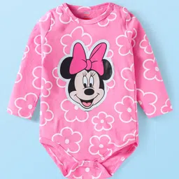 Babyhug Disney Interlock Knit FullSleeves Onesies with Cap and Diaper Leggings Set with Minnie Mouse Grpahics - Pink & Yellow image 2