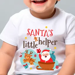 KNITROOT Christmas Theme Half Sleeves Santa's Little Helper Printed Tee - White image 5