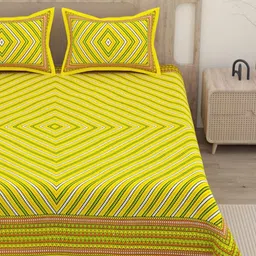 Lali Prints Yellow Jaipur Cotton 180 TC Queen Size Bedsheets With 2 Pillow Cover image 5