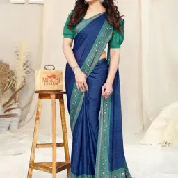 MIRCHI FASHION Royal Blue Printed Saree With Unstitched Blouse Piece image 4