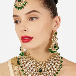 Zaveri Pearls Green Beads Stones and Kundan Bridal Jewellery Set-picture-11