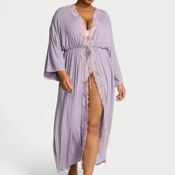 victoria's secret intimates Victoria's Secret Purple Ribbed Modal Lace-Trim Long Robe-picture-22