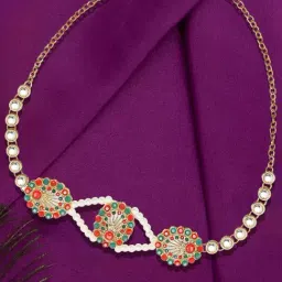 Oomph Gold Tone Green & Red Kundan & Pearls Ethnic Jadau Matha Patti-picture-25