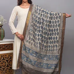 Exotic India Paisley Kalamkari Printed Zari Work Art Silk Dupatta-image-0