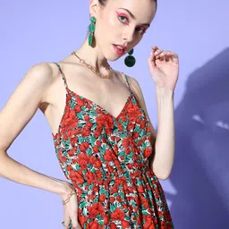 Berrylush Women Red & Green Floral Print Playsuit image 3