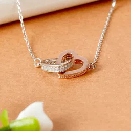 GIVA 925 Sterling Silver Rhodium-Plated White & Rose-Gold-Toned CZ-Studded Dual Tone Interlocked Heart Pendant With Chain image 1