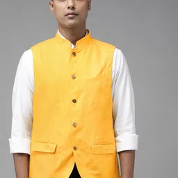 Blackberrys Men Mustard Yellow Pure Linen Self-Design Slim Fit Nehru Jacket-picture-22