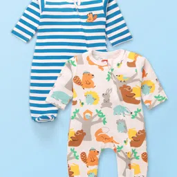 Babyhug Cotton Knit Full Sleeves  Striped Footed Sleep Suits with Animal Print Pack of 2 - Multicolour-picture-15