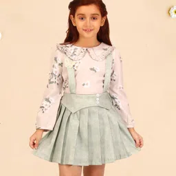 Cutecumber Full Sleeves Floral Printed Top With Skirt Set - Green-picture-13