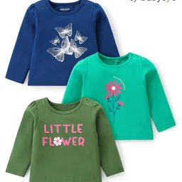 Babyoye Eco Conscious 100% Cotton Knit Full Sleeves Tops With Butterfly Floral & Text Print Pack of 3 - Navy Blue Dark Green & Sea Green-image-22