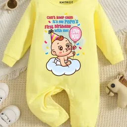 KNITROOT Dad Birthday Theme Full Sleeves Papas First Birthday With Me Text Printed Romper - Yellow-picture-22