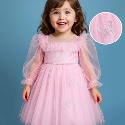 Babyhug Woven Full Puffed Sleeves Party Dress With Butterfly Applique & Pearl Detailing - Baby Pink-picture-27