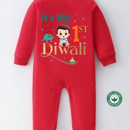 BLUSHES Diwali Theme 100% Cotton Full Sleeves Its My 1st Diwali Text Printed Romper - Red-picture-22