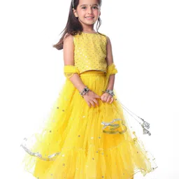 Babyhug Woven Sleeveless Choli with Flared Lehenga & Dupatta & Sequin Detailing - Yellow-image-49
