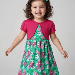 Babyhug Single Jersey Knit Frock & Half Sleeves Shrug With Floral Print & Headband - Green & Pink-picture-15