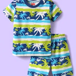 Babyhug Cotton Knit Half Sleeves Short Co-Ord Night Suit with Beach Theme Print - Green & Blue-picture-15