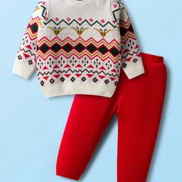 Babyhug Knit Full Sleeves Sweater Set with Fair Isle Design - White & Red image 1