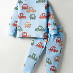 Evimo Single Jersey Knit Full Sleeves Co-ords Night Suit with Car Print - Light Blue-picture-27