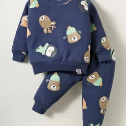 Teddy Fleece Knit Full Sleeves Winter Wear Co-Ord T-Shirt & Joggers Set with Bear Print - Navy Blue-picture-30
