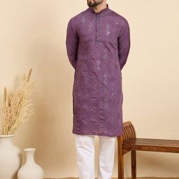 House of Pataudi Geometric Sequinned Mandarin Collar Chanderi Silk Straight Kurta-picture-33