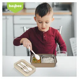 BAYBEE Kids Lunch Box 800ml | Leak-Proof & Microwave Safe 4-Side Lock BPA-Free Tiffin Box | Detachable Stainless Steel Plate, Spoon & Fork Included | Durable Lunch Box for School & Office (Beige) image 2