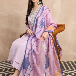 Anouk Floral Embroidered Panelled Thread Work Kurta With Palazzos & Dupatta image 2
