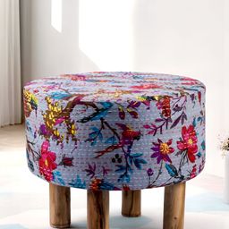 Ikiriya Grey & Pink Printed Round Wooden Ottomans-picture-8