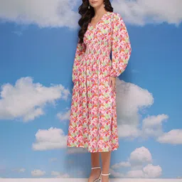 CORSICA Floral Print Smocked Detail Puff Sleeves A-Line Midi Dress image 3