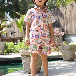 Funny Bones Clothings Boys Printed Linen Shirt With Shorts-picture-54