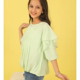 ISHTI Georgette Woven Three Fourth Sleeves Pleated Top - Pista image 5